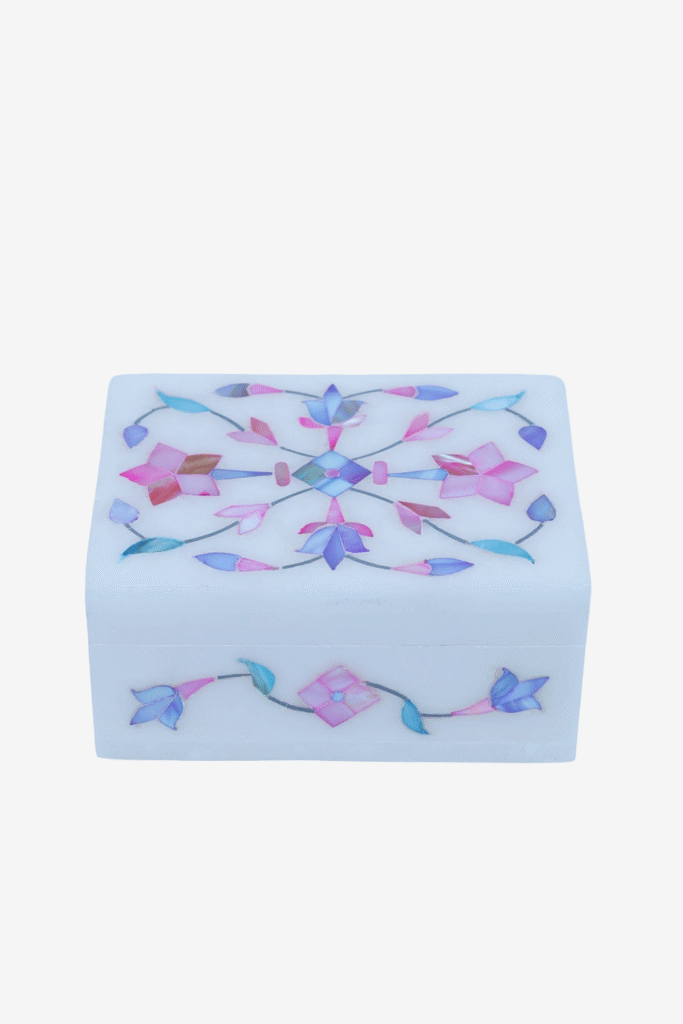 Multicolor Marble Inlay Jewelry Box – Handcrafted Mughal Floral Design (4x3 Inch) - image 5