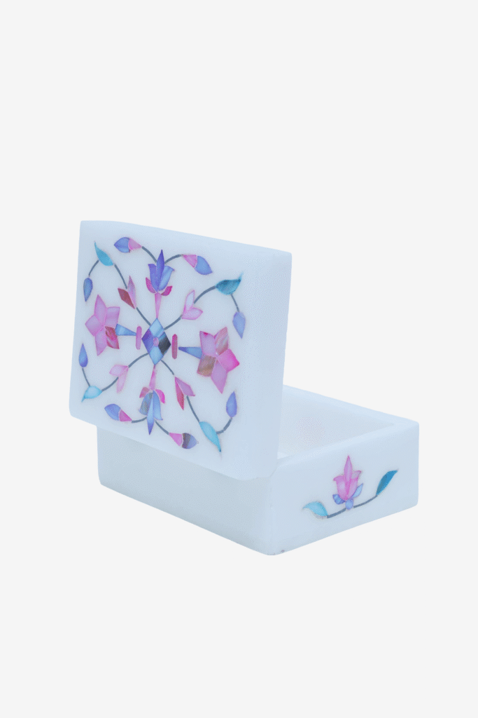 Multicolor Marble Inlay Jewelry Box – Handcrafted Mughal Floral Design (4x3 Inch) - image 6