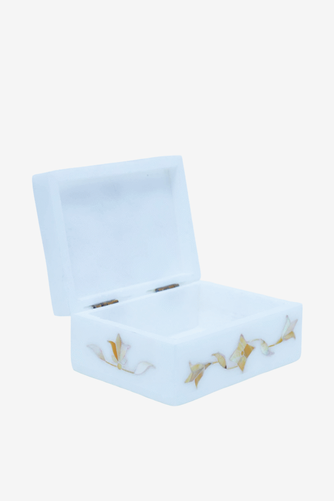 Warm Golden Marble Inlay Jewelry Box – Traditional Floral Inlay Jewelry Box (4x3 Inch) - image 5