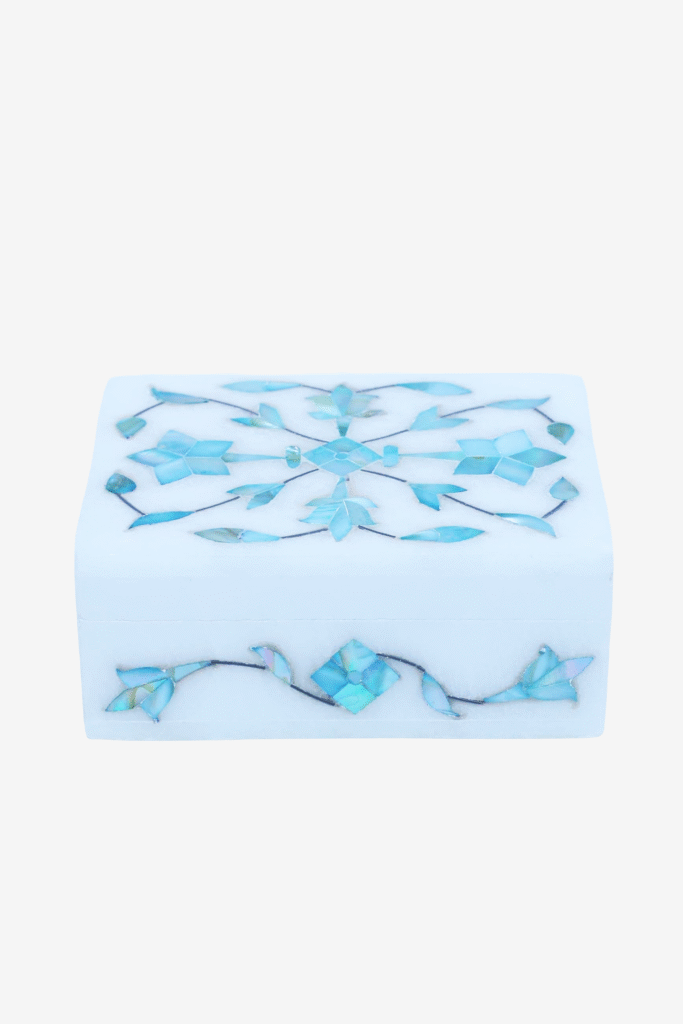 Blue Mist Marble Inlay Jewelry Box – Pastel Floral Trinket Storage (4x3 Inch) - image 4