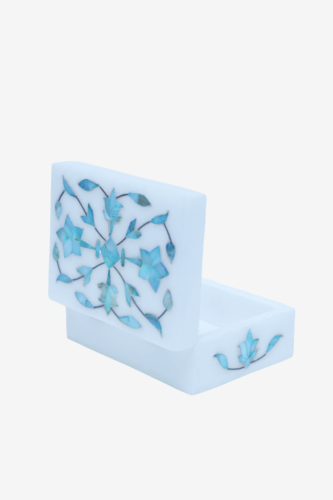 Blue Mist Marble Inlay Jewelry Box – Pastel Floral Trinket Storage (4x3 Inch) - image 6