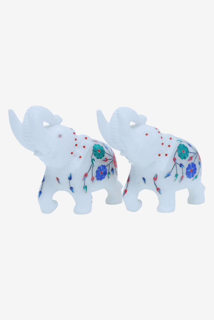 White Marble Elephant Statue Pair with Stone Inlay – Handmade Decorative Figurines for Home & Office Décor - image 6