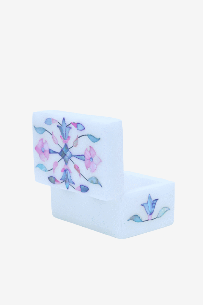 Multicolor Marble Inlay Jewelry Box – Handcrafted Mughal Floral Design (3x2 Inch) - image 6