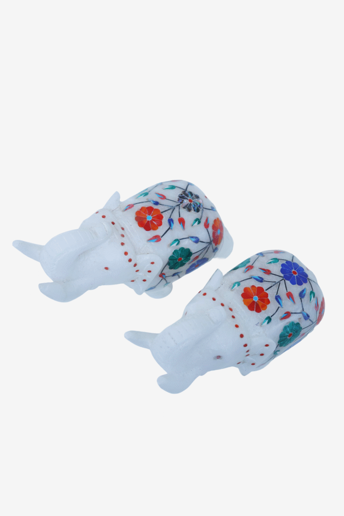 White Marble Elephant Statue Pair with Stone Inlay – Handmade Decorative Figurines for Home & Office Décor - image 7