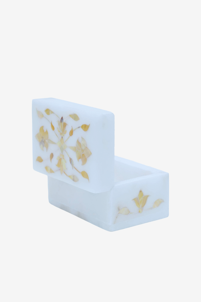 Warm Golden Marble Inlay Jewelry Box – Traditional Floral Inlay Jewelry Box (3x2 Inch) - image 6
