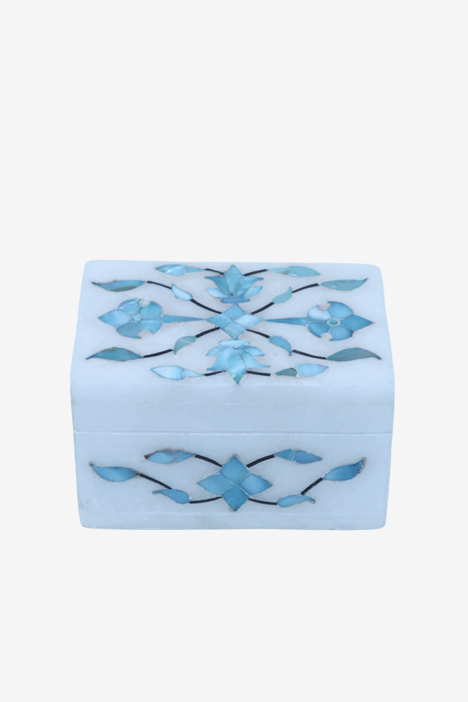 Blue Mist Marble Inlay Jewelry Box – Pastel Floral Trinket Storage (3x2 Inch) - image 4