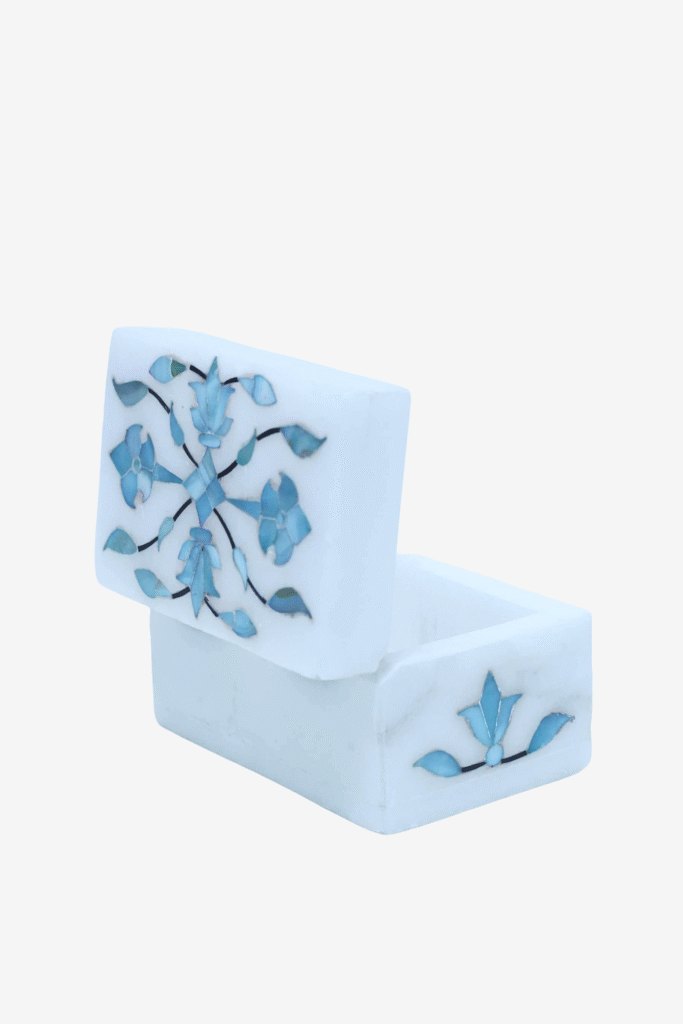 Blue Mist Marble Inlay Jewelry Box – Pastel Floral Trinket Storage (3x2 Inch) - image 6