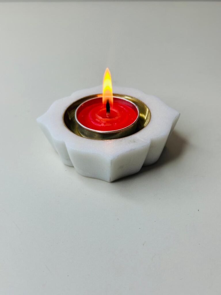 Marble & Brass Offering Tray — White Decorative Thali with Dual Lotus Shape Brass Bowls - image 5