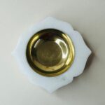 Marble & Brass Offering Tray — White Decorative Thali with Dual Lotus Shape Brass Bowls thumbnail