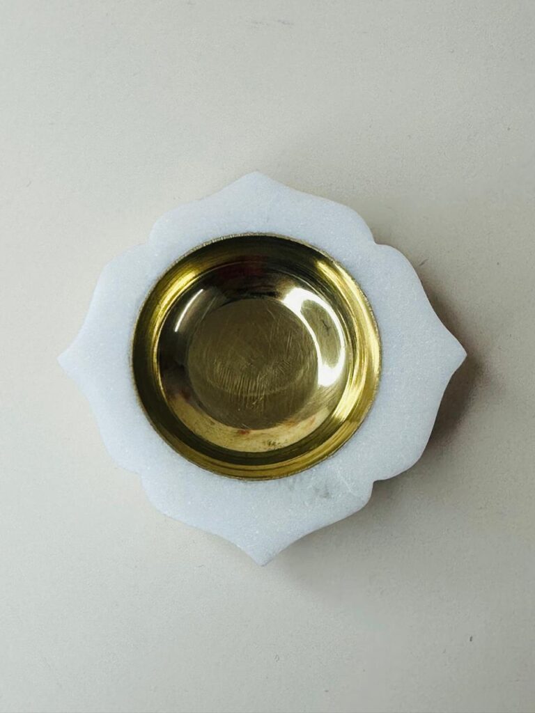 Marble & Brass Offering Tray — White Decorative Thali with Dual Lotus Shape Brass Bowls - image 4