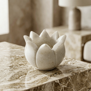White Marble Lotus Urli – Tealight Candle Decor