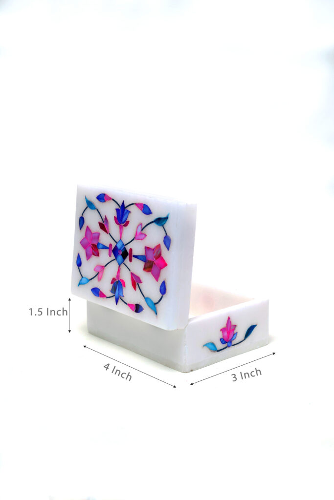 Multicolor Marble Inlay Jewelry Box – Handcrafted Mughal Floral Design (4x3 Inch) - image 3