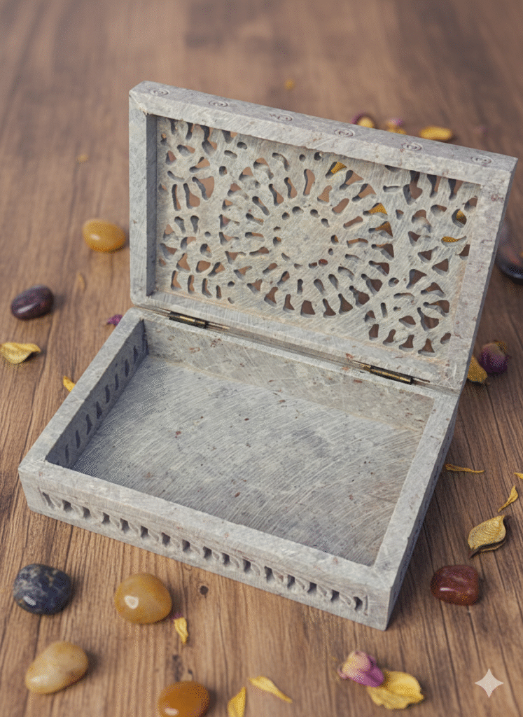 Marble Soapstone Carving Jewelry Box Handcrafted Piece Natural Stone Item - image 4