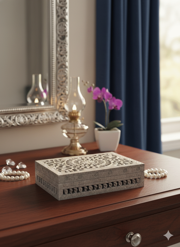 Marble Soapstone Carving Jewelry Box Handcrafted Piece Natural Stone Item - image 3