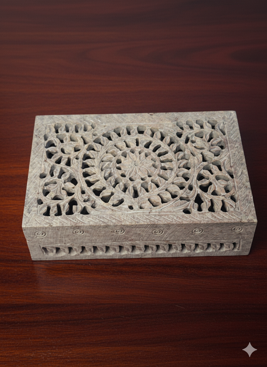 Marble Soapstone Carving Jewelry Box Handcrafted Piece Natural Stone Item