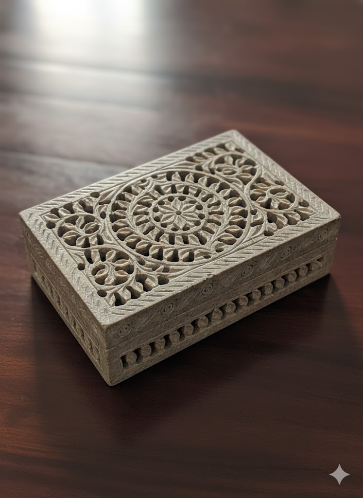 Marble Soapstone Carving Jewelry Box Handcrafted Piece Natural Stone Item - image 2