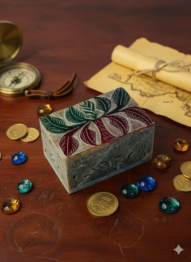 Handcrafted Marble Soapstone Leaf Pattern Jewelry Box Handmade 3x2 Inch - image 2