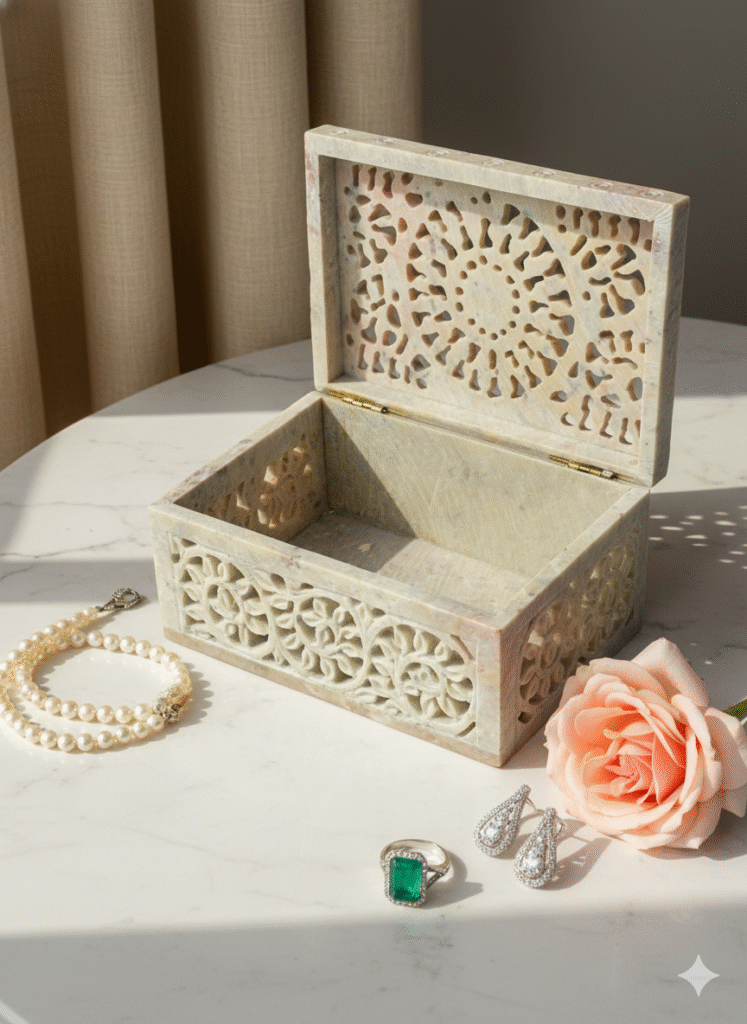 Beautiful Rectangle Marble Carving Jewelry Box Handcrafted Item 6x4 Inch - image 2