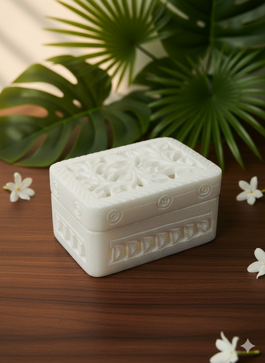 Pure White Marble Handcrafted Ring Jewelry Box Carving Design 3x2 Inch