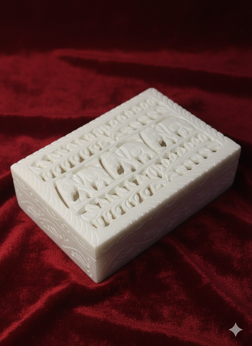 Handcrafted White Marble Carving Jewelry Box Beautiful Design 6x4 Inch