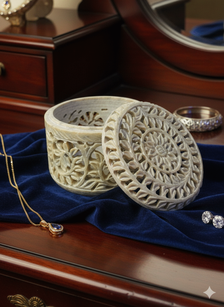 Round Shape Beautiful Design  Marble Carving Jewelry Box Handmade Piece 4x4x3 Inch - image 4