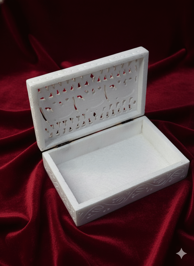 Handcrafted White Marble Carving Jewelry Box Beautiful Design 6x4 Inch - image 2