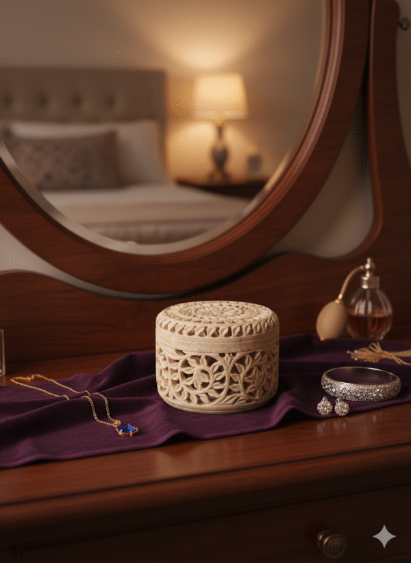 Round Shape Beautiful Design  Marble Carving Jewelry Box Handmade Piece 4x4x3 Inch