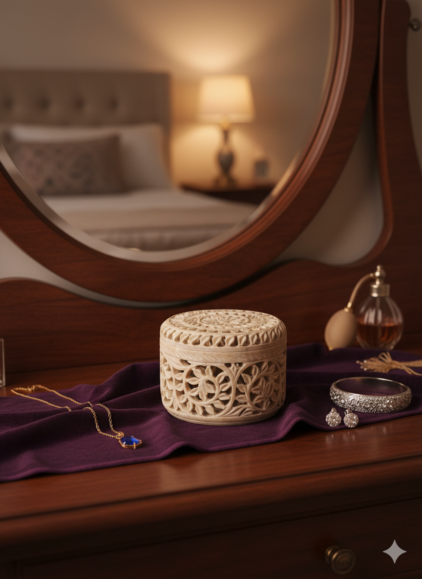 Round Shape Beautiful Design  Marble Carving Jewelry Box Handmade Piece 4x4x3 Inch