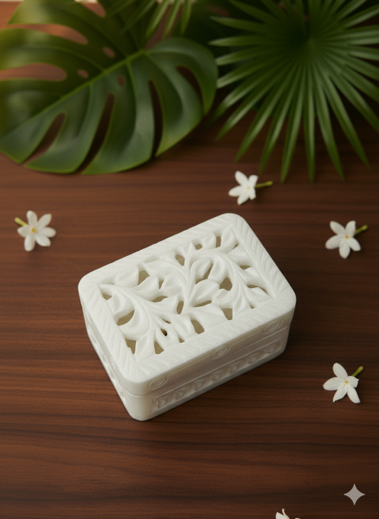 Pure White Marble Handcrafted Ring Jewelry Box Carving Design 3x2 Inch - image 4