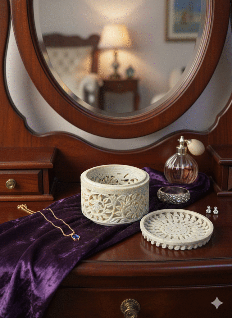 Round Shape Beautiful Design  Marble Carving Jewelry Box Handmade Piece 4x4x3 Inch - image 2