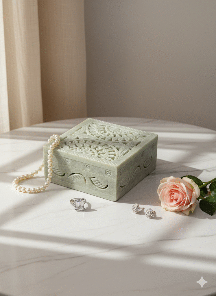 Handmade Marble Carving Jewelry Box Natural Texture And Natural Stone 4x4 inch - image 3