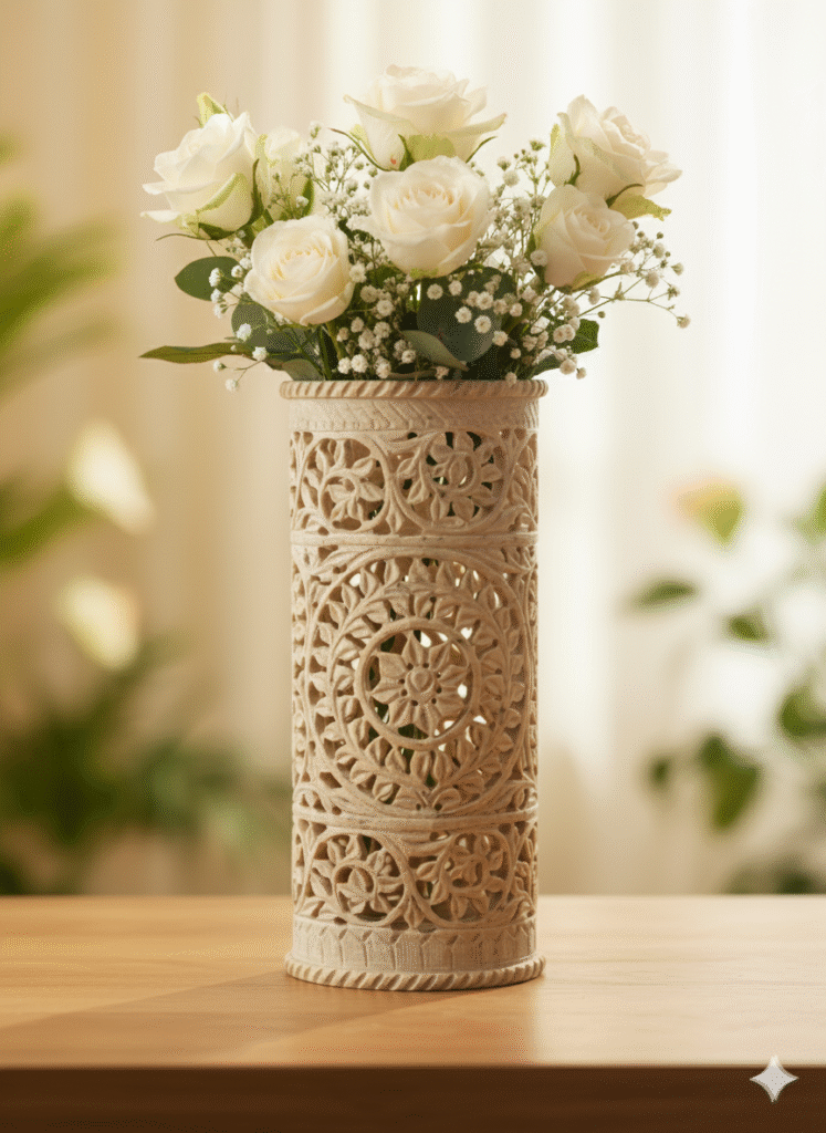 Handcrafted Marble Soapstone Carving Flowers Vase Natural Stone Beautiful Design - image 2