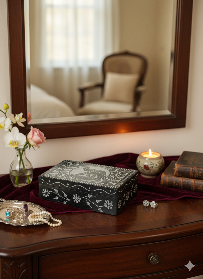 Marble Soapstone  Handmade Jewelry Box Beautiful Design Black Color 6x4 Inch