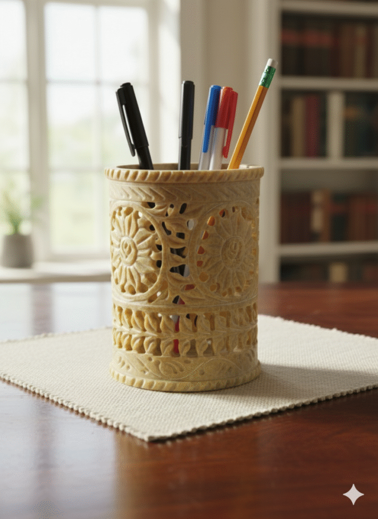 Beautiful Marble Soapstone Carving Handmade Pen Stand For Table And Desk Organizer - image 2