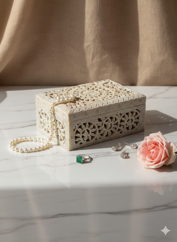 Beautiful Rectangle Marble Carving Jewelry Box Handcrafted Item 6x4 Inch - image 3