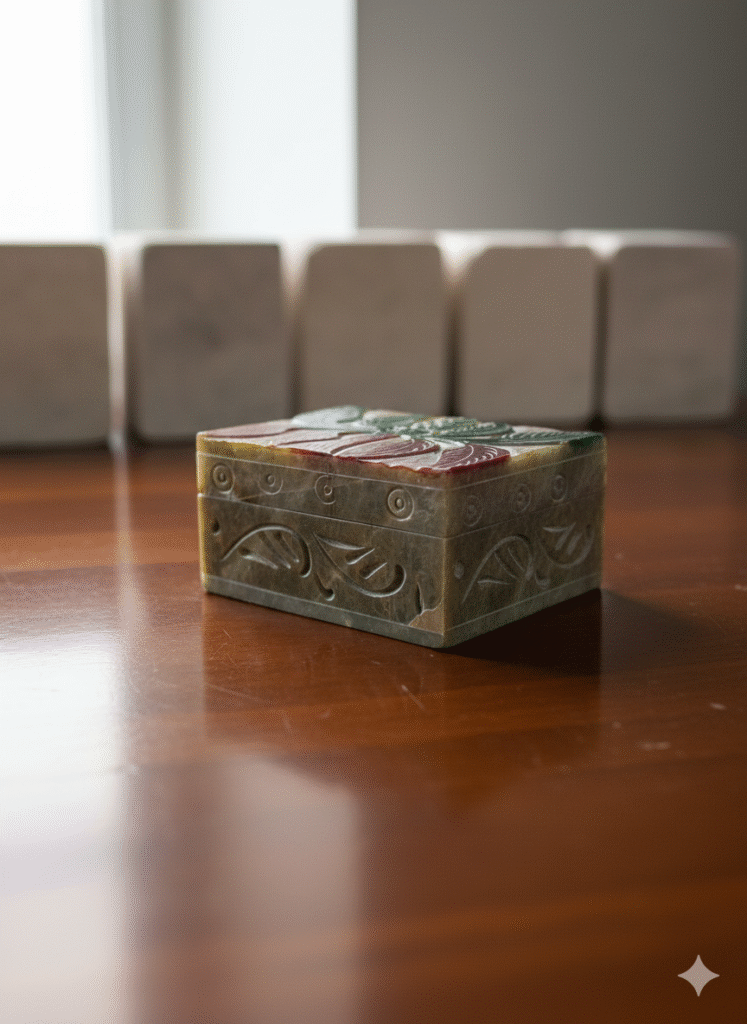 Handcrafted Marble Soapstone Leaf Pattern Jewelry Box Handmade 3x2 Inch - image 4