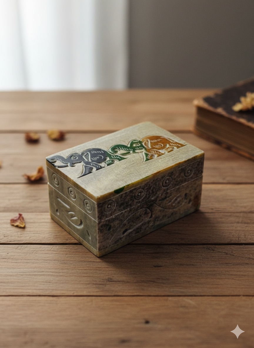 Elephant Design Marble  Soapstone Handmade Jewelry Box 3x2 Inch Box