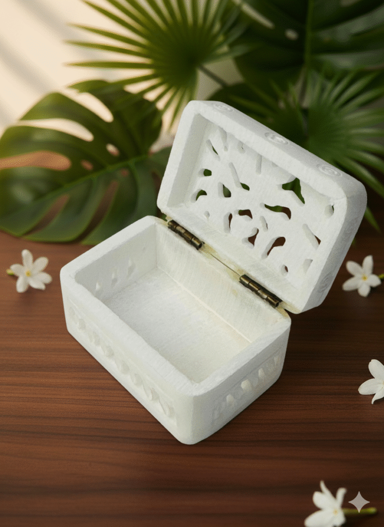 Pure White Marble Handcrafted Ring Jewelry Box Carving Design 3x2 Inch - image 3