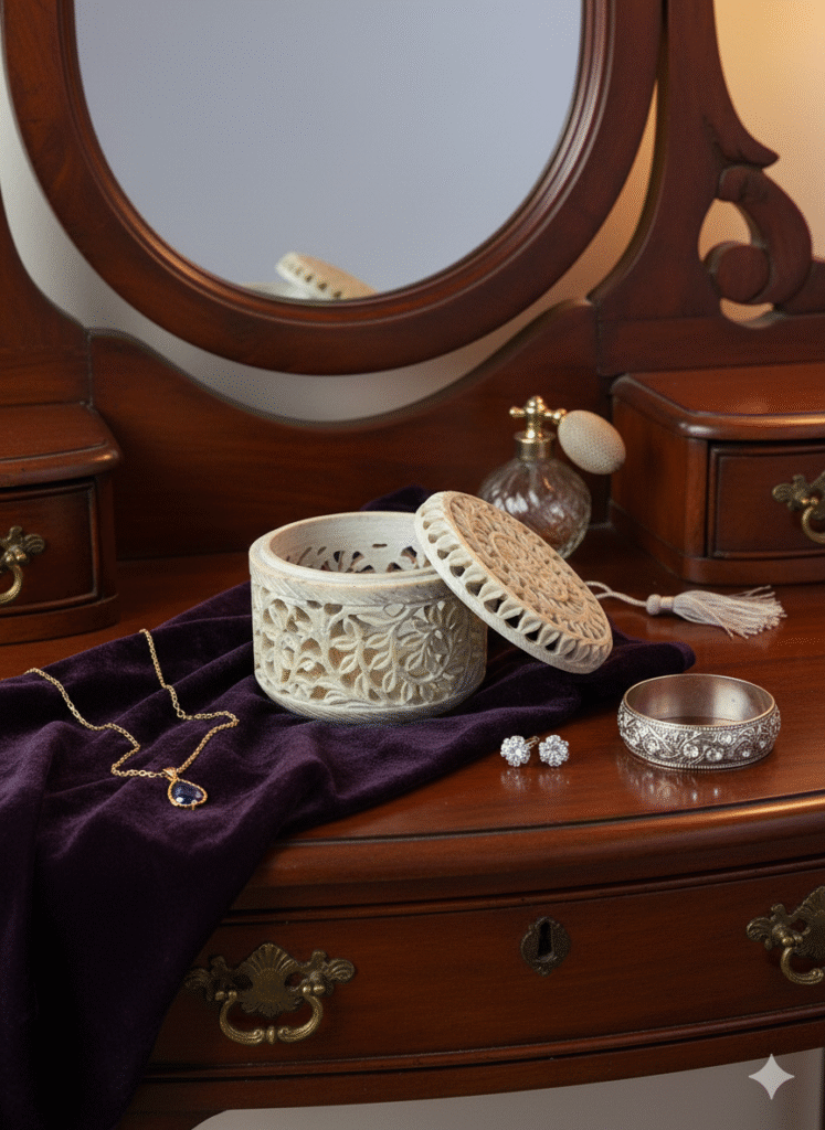 Round Shape Beautiful Design  Marble Carving Jewelry Box Handmade Piece 4x4x3 Inch - image 3