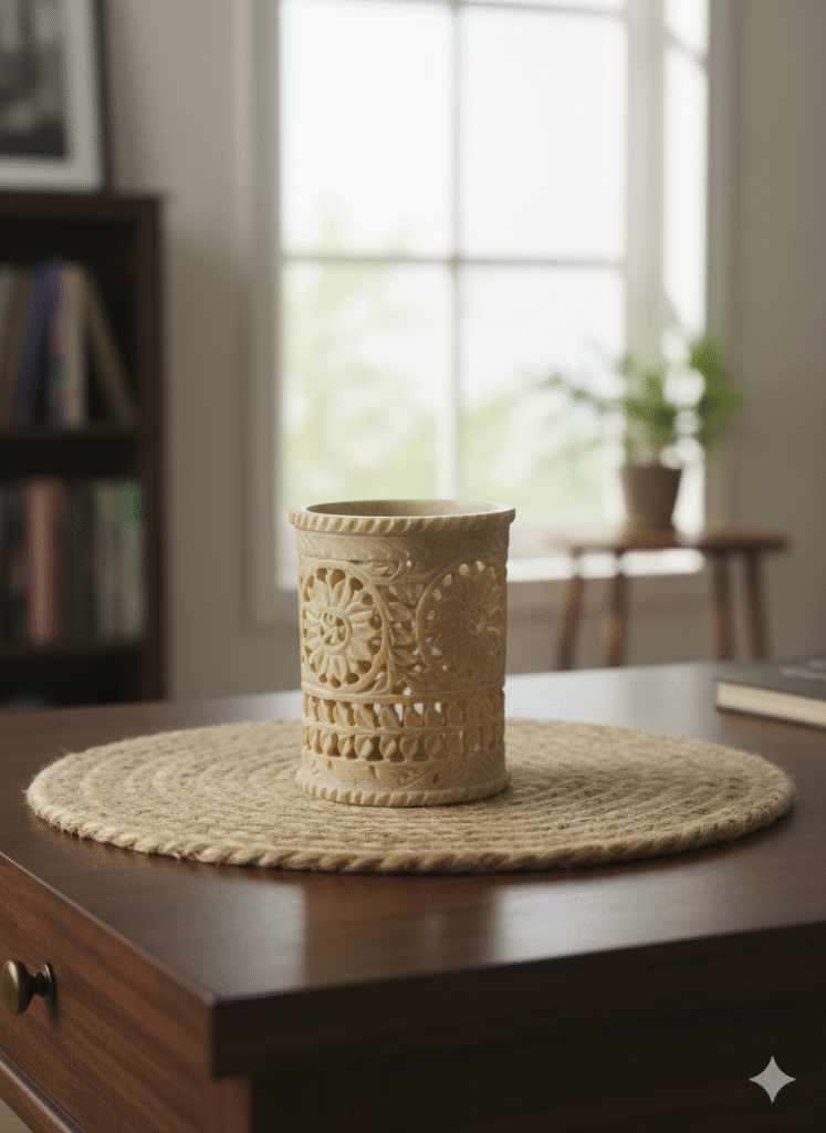 Beautiful Marble Soapstone Carving Handmade Pen Stand For Table And Desk Organizer - image 3