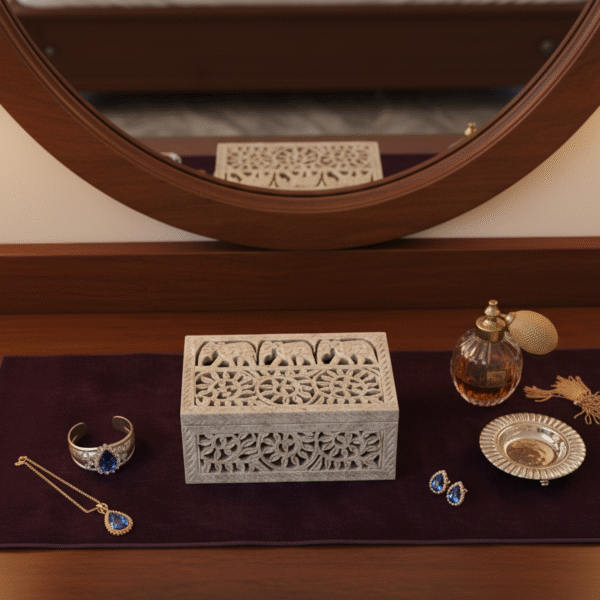 Rectangle Shape Elephant Design Marble Carving Jewelry Box 6x4 Inch