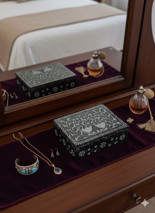 Marble Black Soapstone Jewelry Box Unique Design Rectangle Shape 6x4 Inch