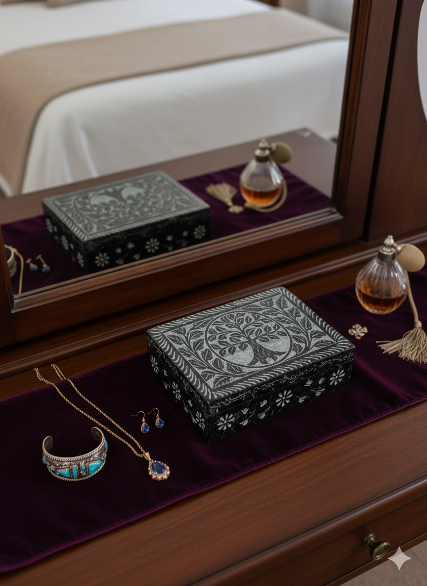 Marble Black Soapstone Jewelry Box Unique Design Rectangle Shape 6x4 Inch