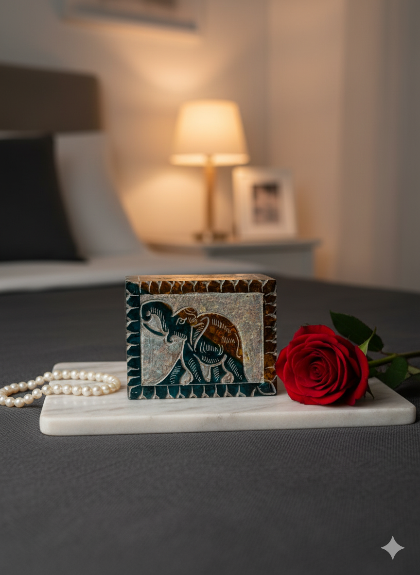 New Elephant Design Marble Soapstone Jewelry Box Handmade Box 3x4 Inch