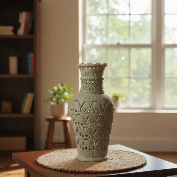 Elephant Design Marble Soapstone Carving Flower Vase & Flower Pot For Home Decoration