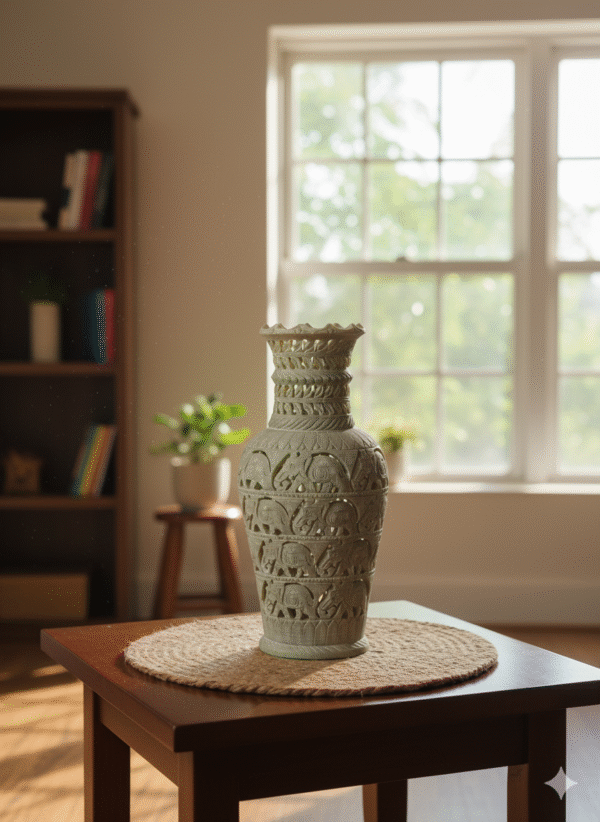 Elephant Design Marble Soapstone Carving Flower Vase & Flower Pot For Home Decoration