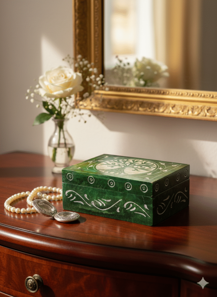 Green Color Marble Soapstone Jewelry Box Handcrafted Item For Home Decoration 3x4 Inch - image 2