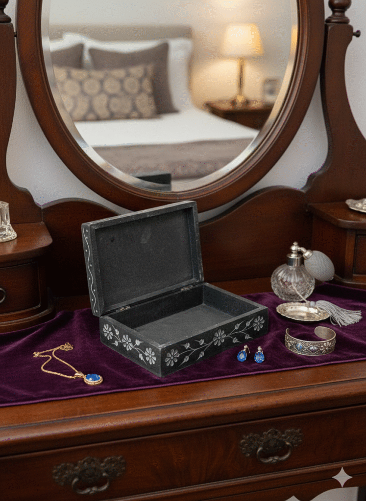 Marble Black Soapstone Jewelry Box Unique Design Rectangle Shape 6x4 Inch - image 2