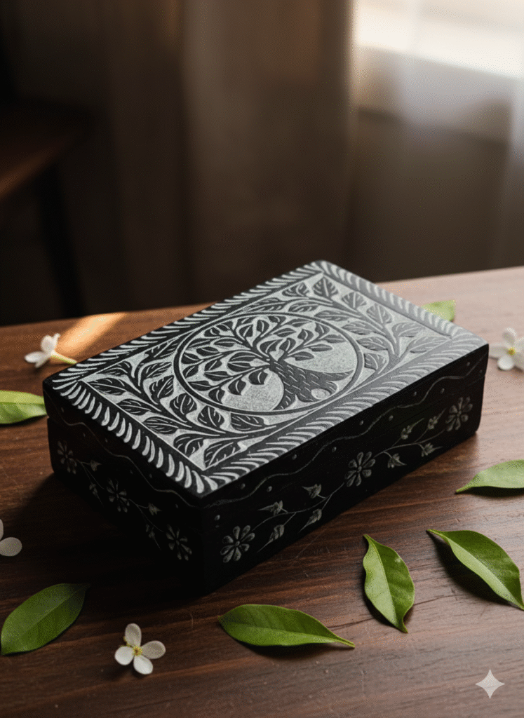 Marble Black Soapstone Jewelry Box Unique Design Rectangle Shape 6x4 Inch - image 4