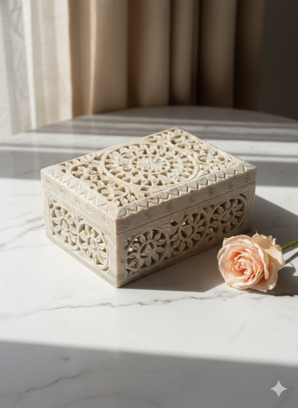 Beautiful Rectangle Marble Carving Jewelry Box Handcrafted Item 6x4 Inch